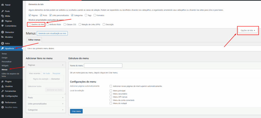 Ativando A Opcao Destino Do Link Nas Opcoes De Tela Do Menu Do Wordpress Ativando A Opcao Destino Do Link Nas Opcoes De Tela Do Menu Do Wordpress - Menu Wordpress Abrir Nova Aba