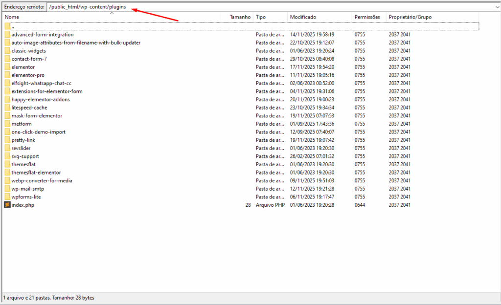 Interface Do Filezilla Mostrando A Pasta De Plugins Do Wordpress Via Ftp - Como Instalar Plugin No Wordpress