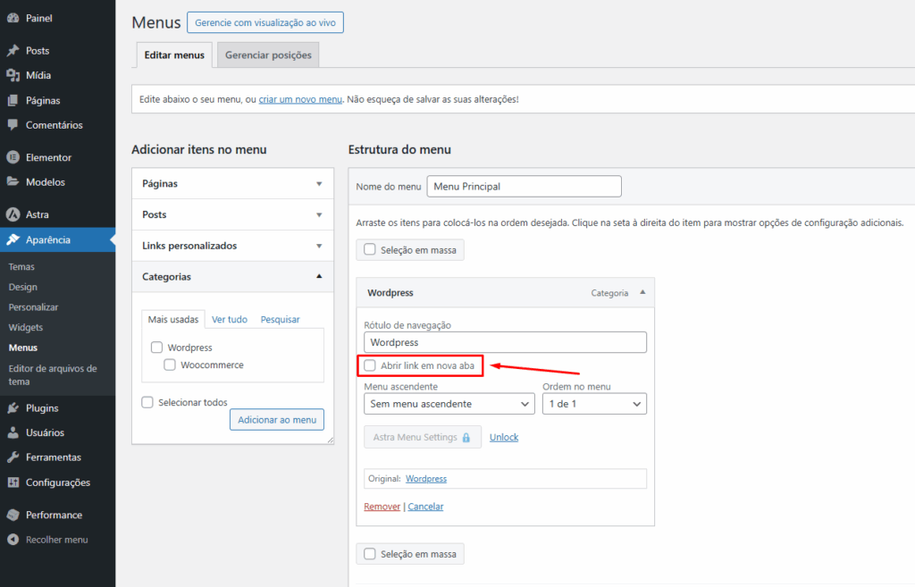 Marcando A Opcao Abrir Link Em Uma Nova Aba Em Um Item Do Menu Do Wordpress Marcando A Opcao Abrir Link Em Uma Nova Aba Em Um Item Do Menu Do Wordpress - Menu Wordpress Abrir Nova Aba