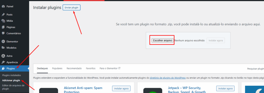 Opcao De Enviar Plugin Via Upload No Wordpress - Como Instalar Plugin No Wordpress