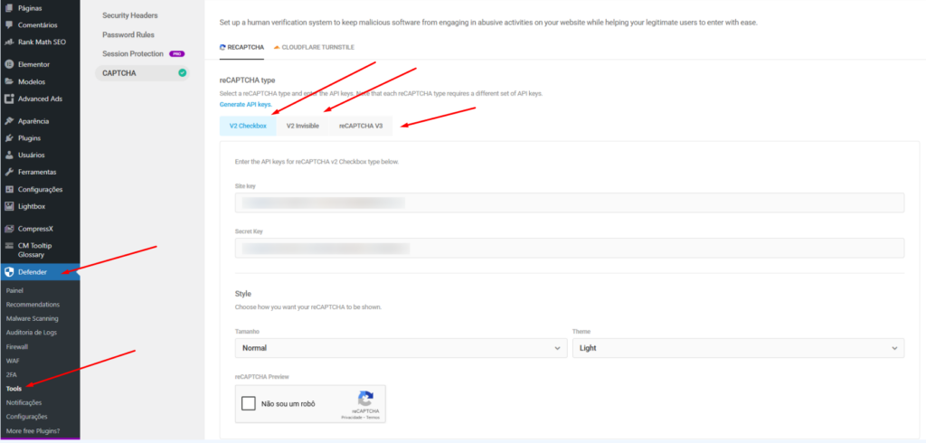 Configurando O Recaptcha No Defender Wordpress - Google Recaptcha
