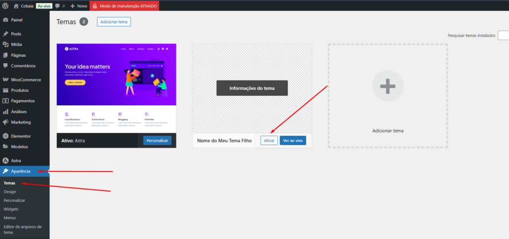 Painel De Administracao Do Wordpress Exibindo O Tema Filho Pronto Para Ser Ativado - Criar Tema Filho Wordpress