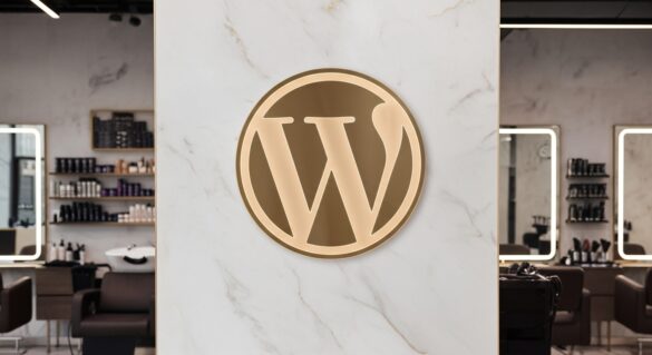 Logotipo Do Wordpress Dourado E Iluminado Em Destaque Sobre Uma Parede De Mármore Branco, Ambientado No Interior De Um Salão De Beleza Moderno E Luxuoso Com Cadeiras De Couro E Espelhos Ao Fundo.